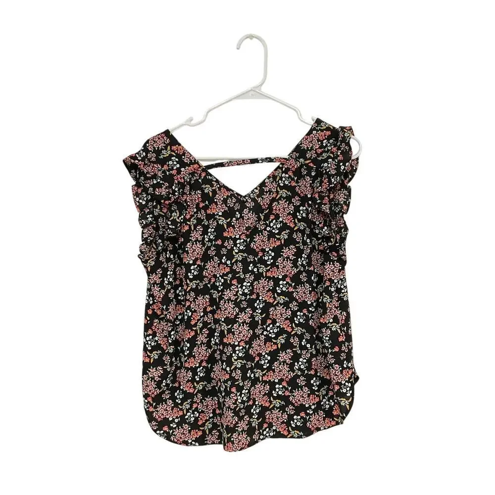 LOFT Floral Ruffle Sleeve V-Neck Pullover Blouse Sleeveless Size Small